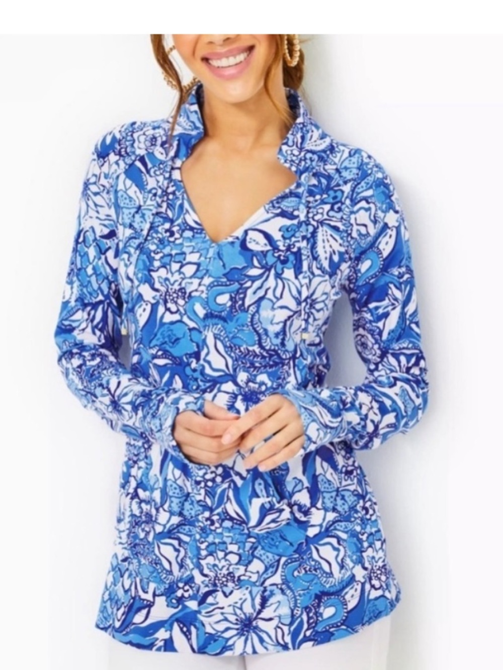Lilly Pulitzer Cassi Popover Top UPF 50, Blue Tang Flocking Fabulous, large - Picture 1 of 7